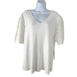 Chico's Pullover Sweater Top Size 3 Crochet Sleeve White Ribbed NWT TP-3706